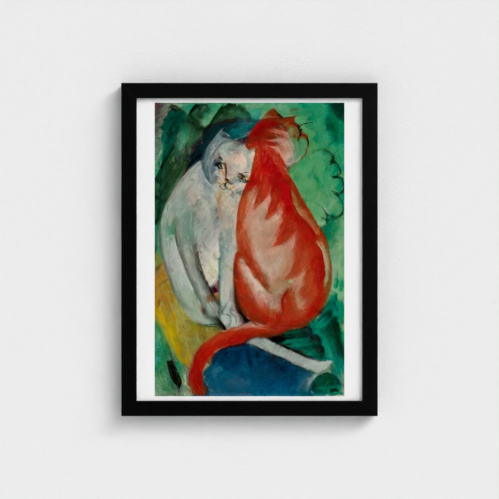 Framed artwork of two cats embracing on a white background
