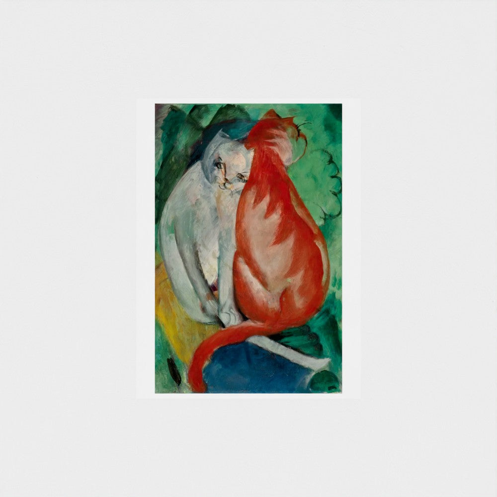 Painting of two cats in a close embrace on a green background