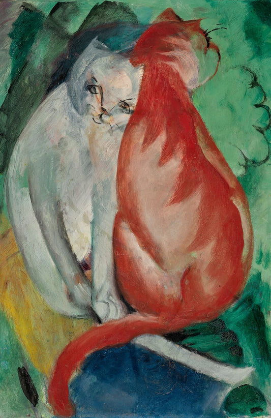 Two cats, one red and one gray, on a green background