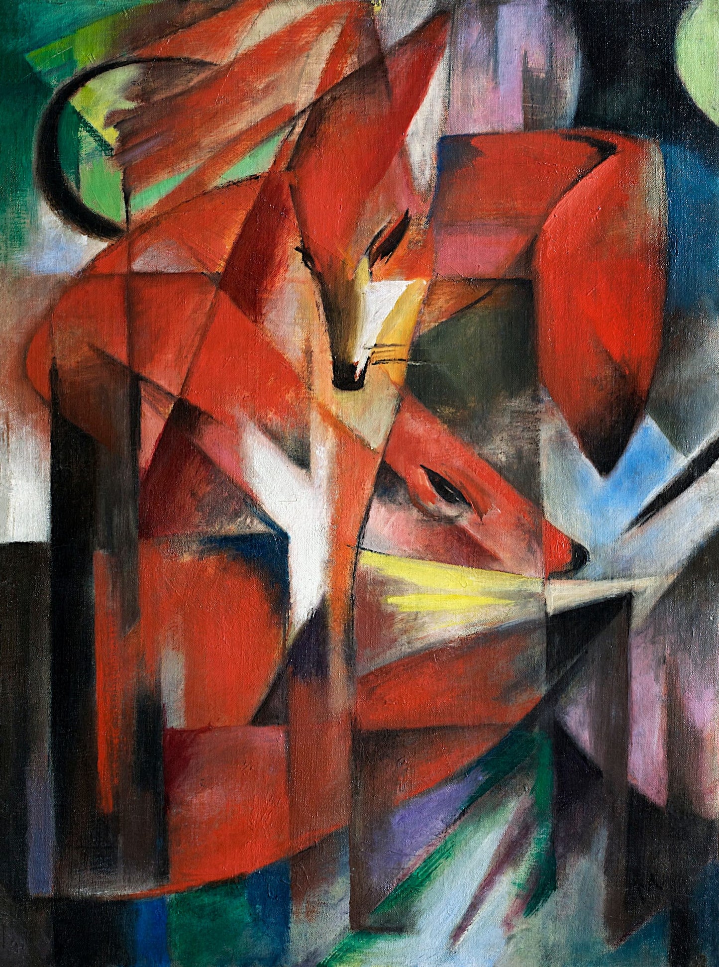 Abstract painting of a fox with geometric shapes and vibrant colors
