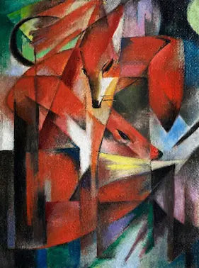 High quality Giclée reproduction of Franz Marc's 1913 Expressionist painting "The Foxes," featuring fragmented red foxes in a Cubist style.
