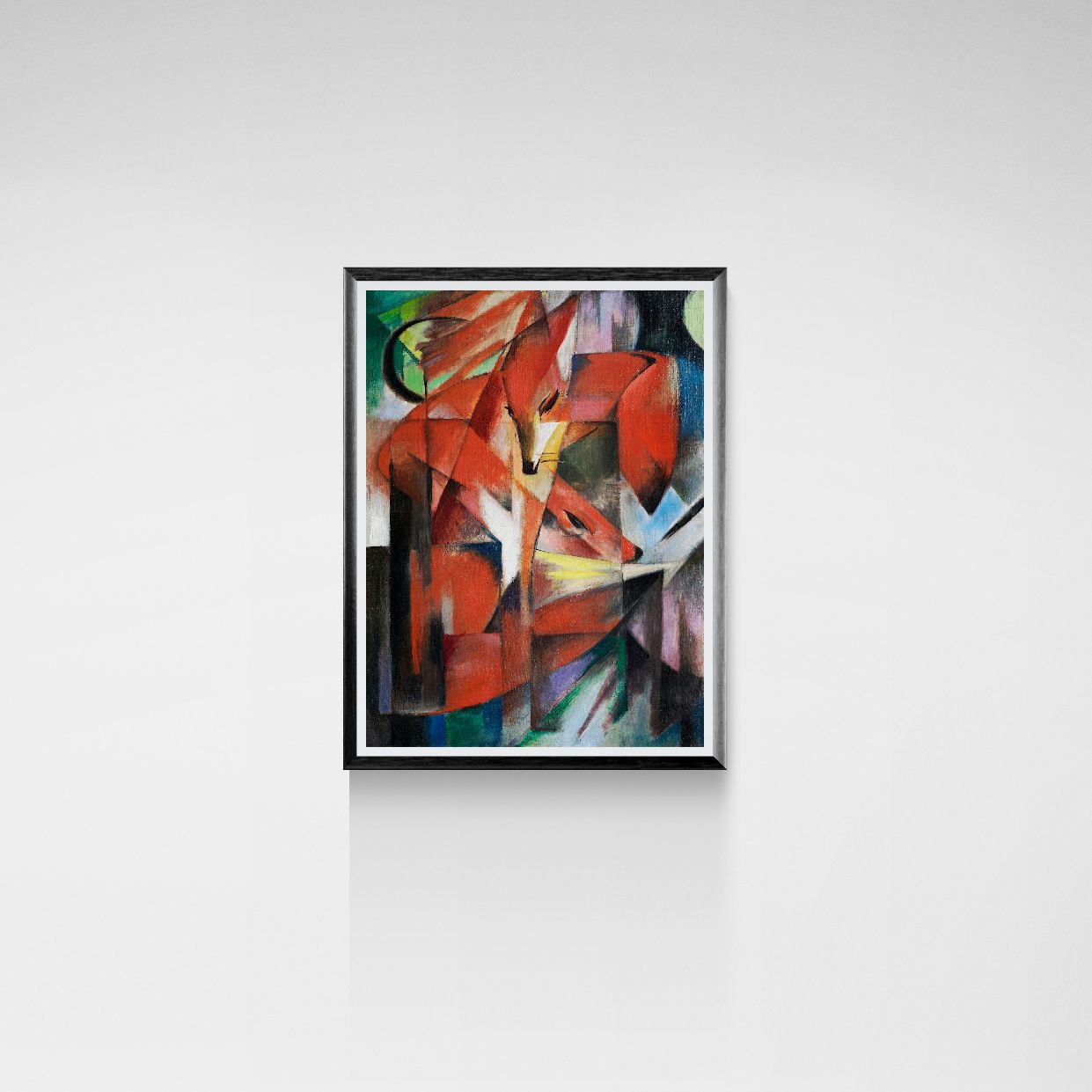 Framed abstract painting with a fox on a white wall