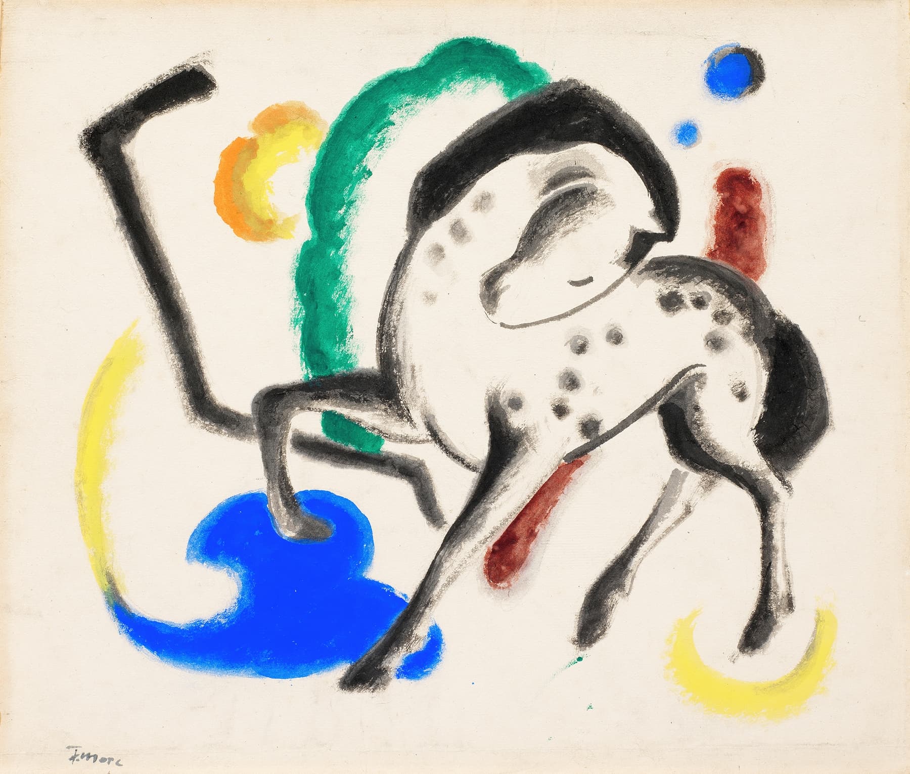 Museum-quality Giclée reproduction of Franz Marc's iconic Expressionist Horse print (c. 1912), featuring a stylized white horse with black markings surrounded by bold, abstract shapes in blue, green, yellow, and red. Essential Modernist art.
