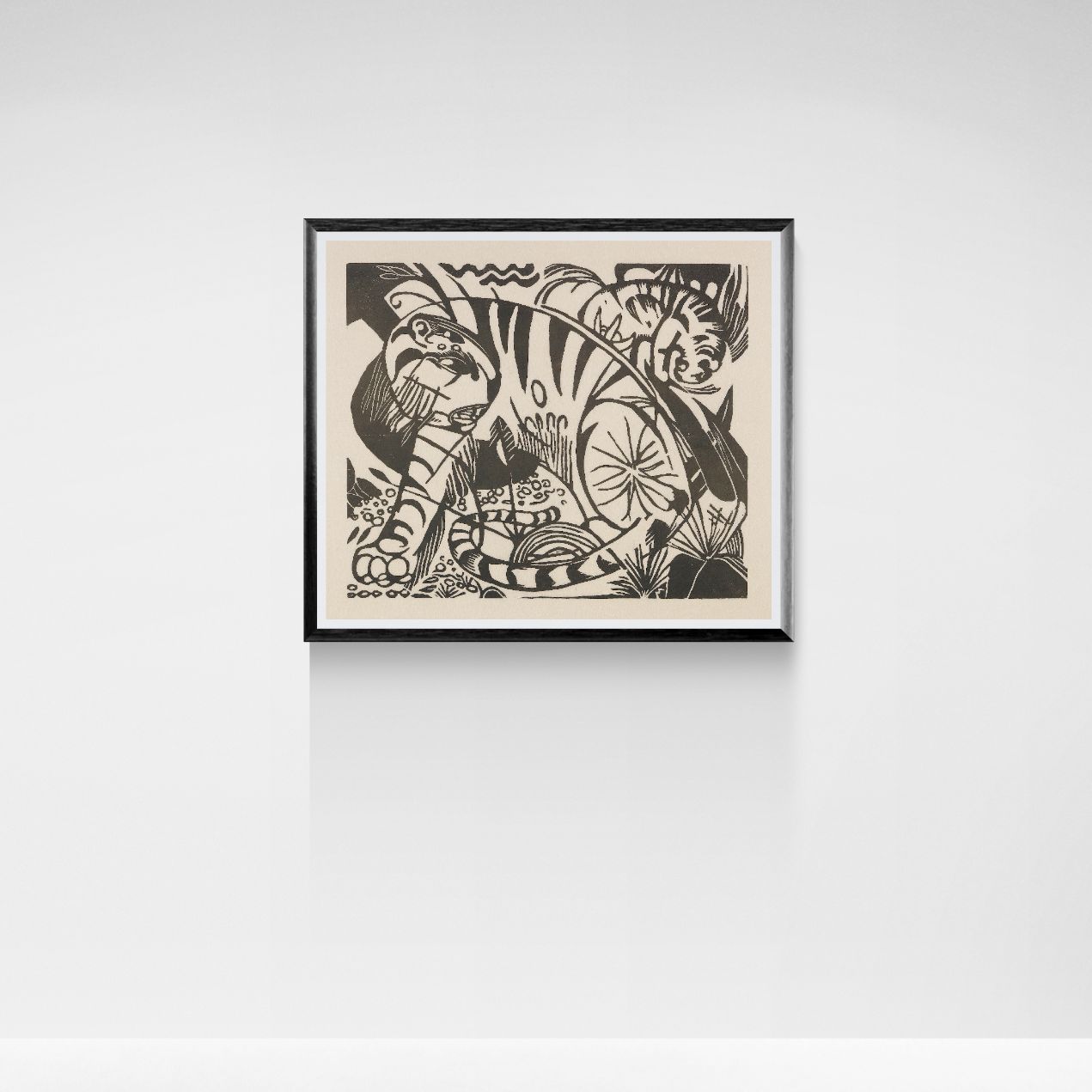 Framed artwork of a tiger on a beige background