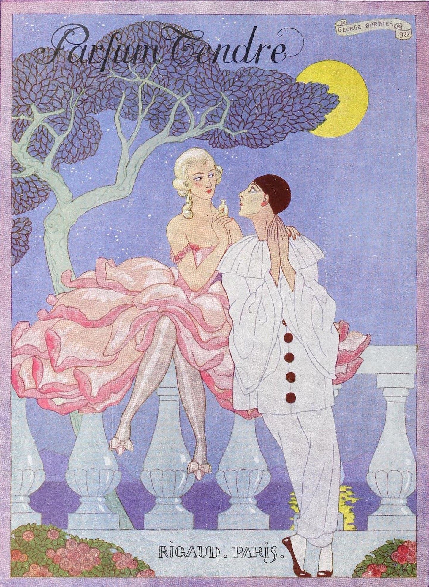 Vintage-style advertisement for 'Parfum Cendre' featuring two people on a balcony with a tree and moon in the background.