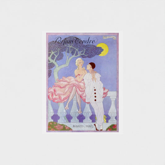 Vintage-style poster with a couple under a tree, labeled 'Parfum Tendre'.