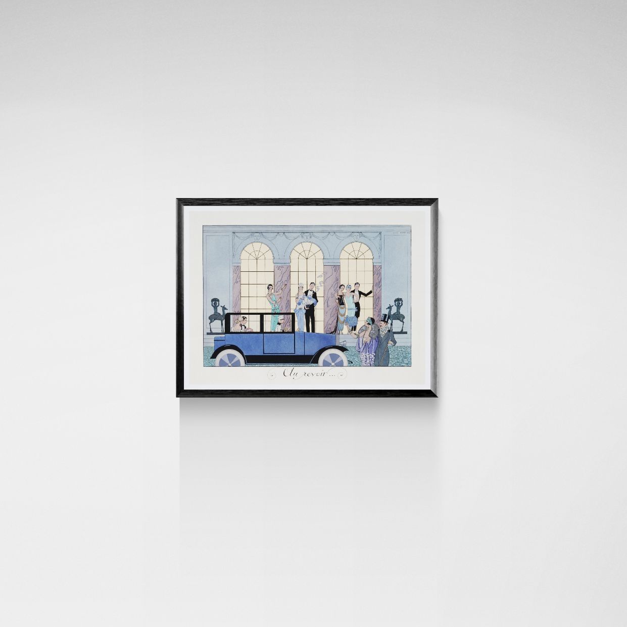 Framed artwork of a vintage car with people on a white wall