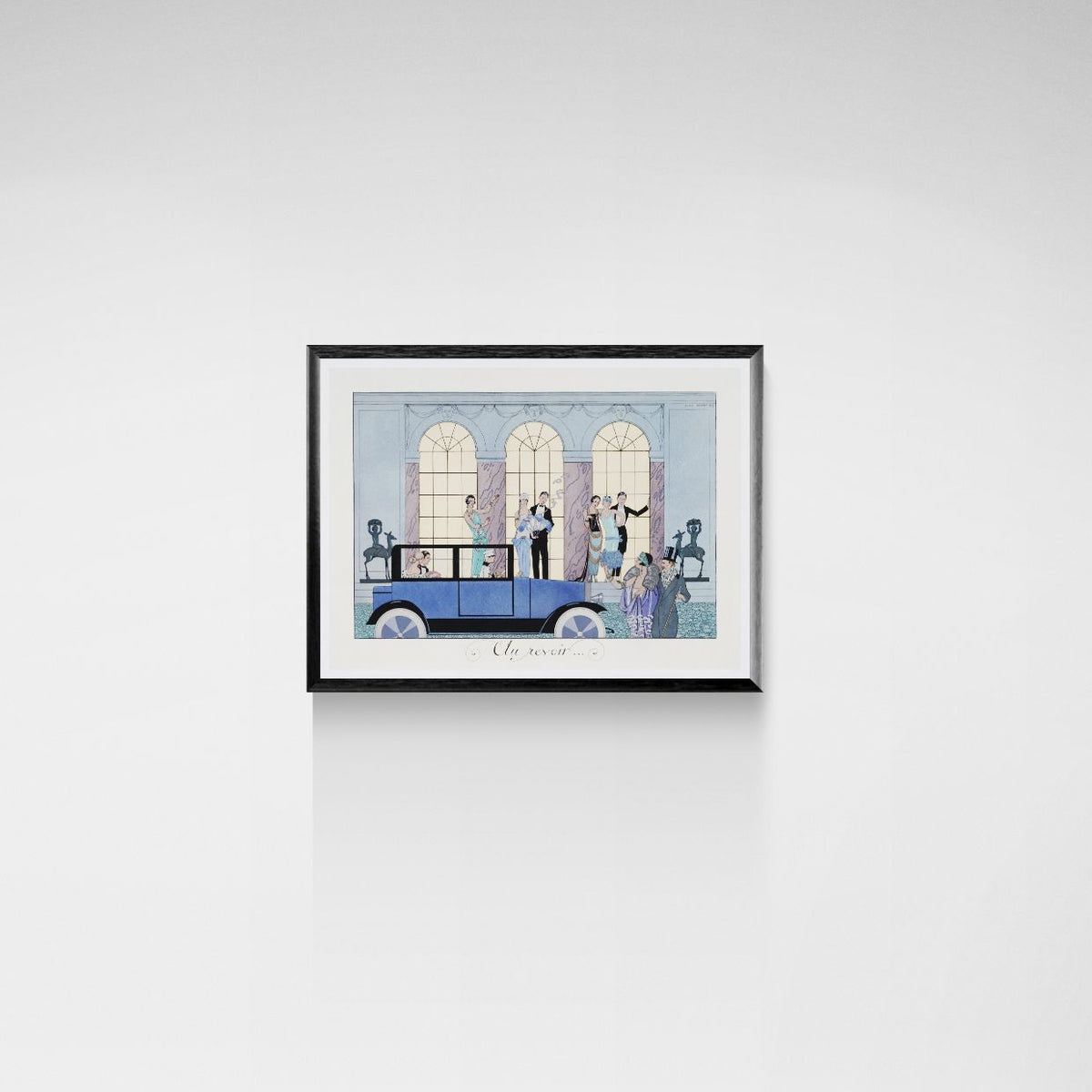 Framed artwork of a vintage car with people on a white wall