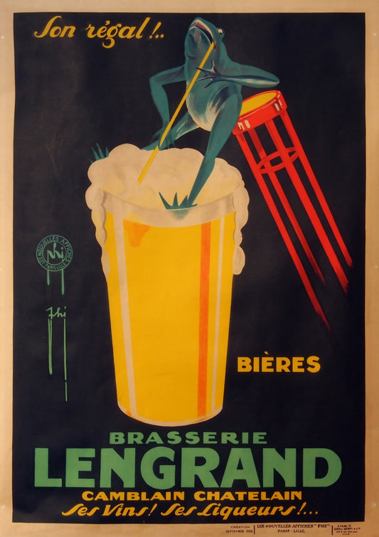 Vintage-style advertisement for Brasserie Lengrand featuring a beer glass with foam and a frog on a bar stool.