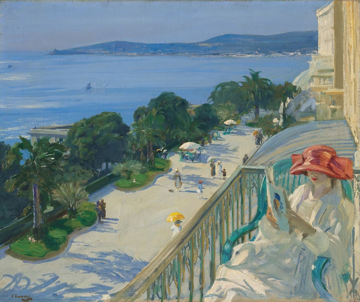 Painting of a woman on a balcony overlooking a coastal scene with palm trees and people.