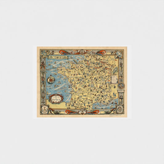 Vintage-style map of France with decorative elements on a white background