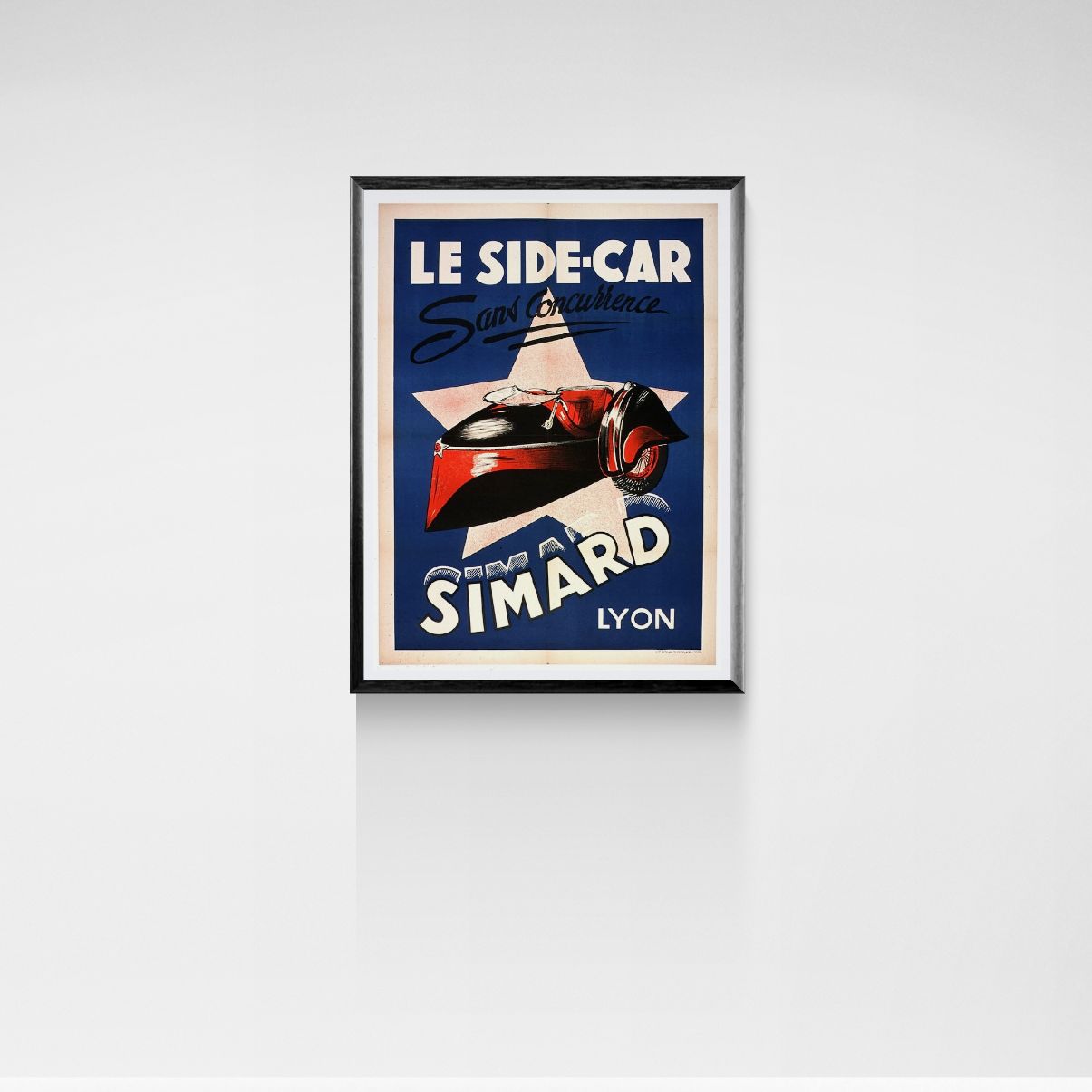 Framed vintage-style poster of a sidecar on a white wall
