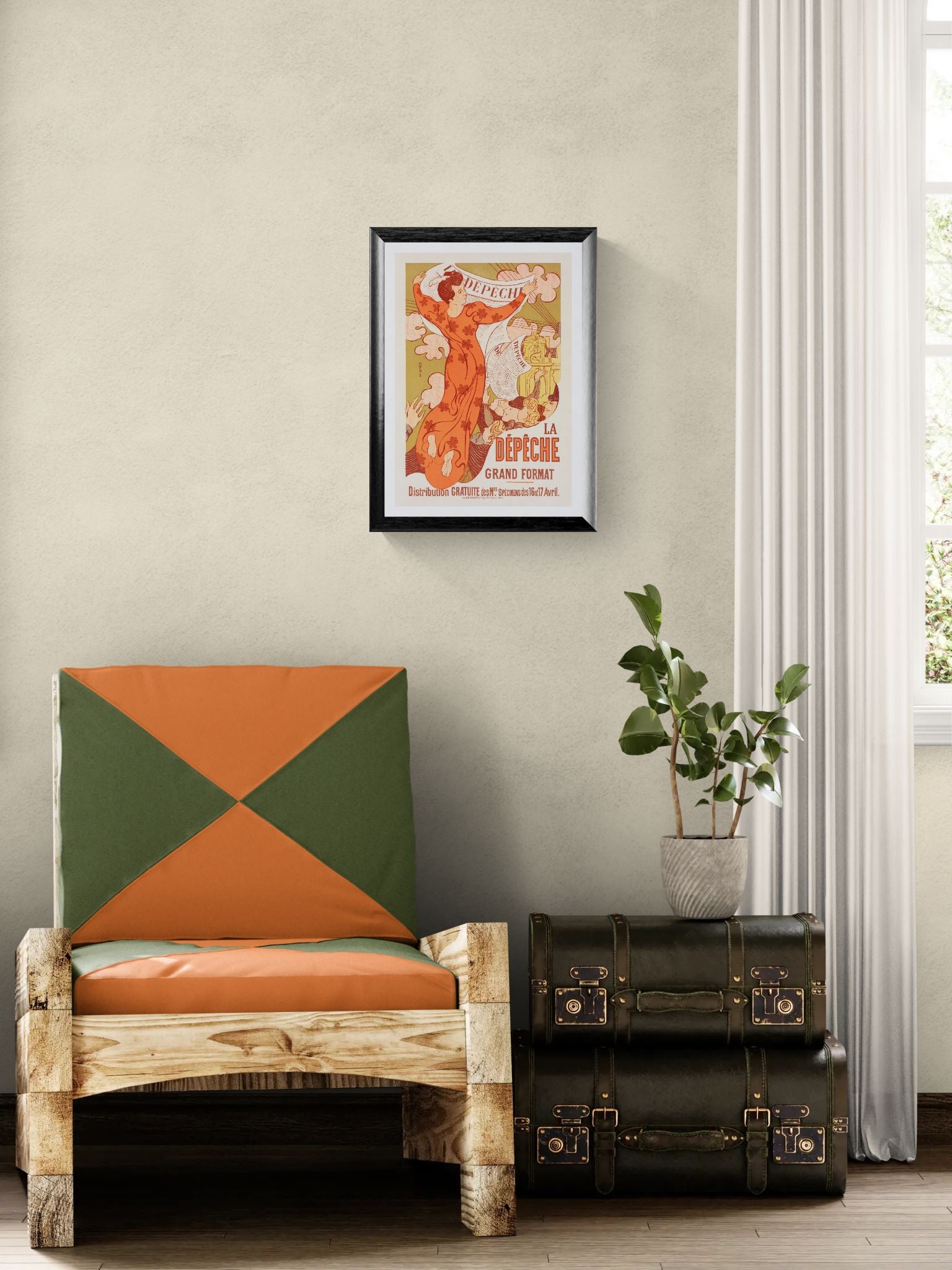 Chair with geometric cushion, framed poster, and vintage suitcase in a room.