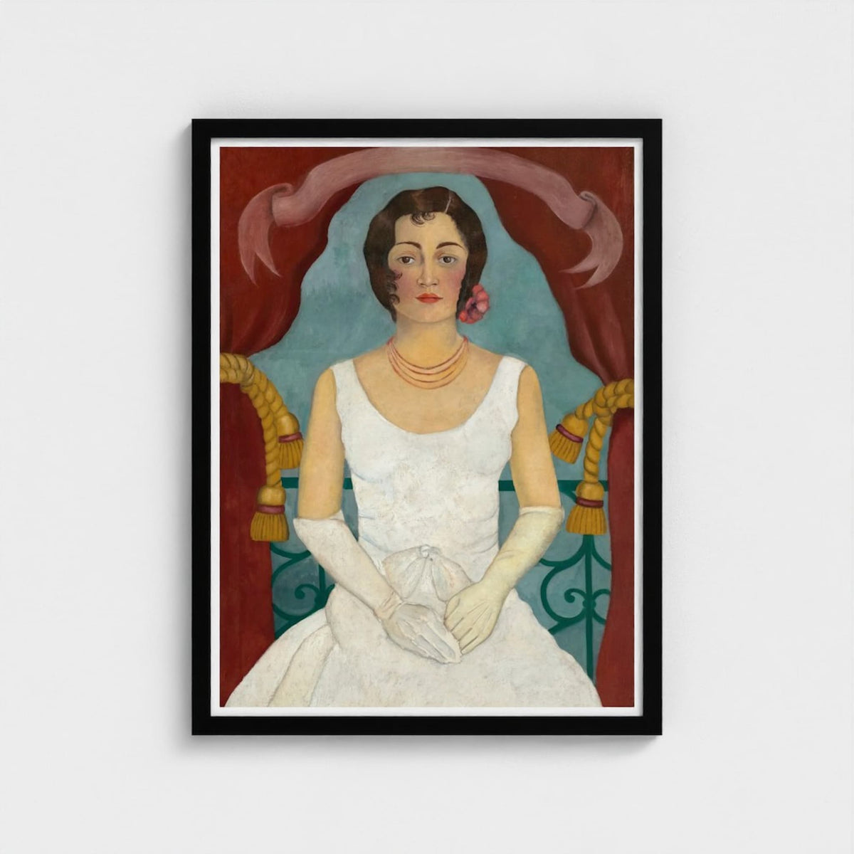 Framed artwork of a woman in a white dress with a red curtain background