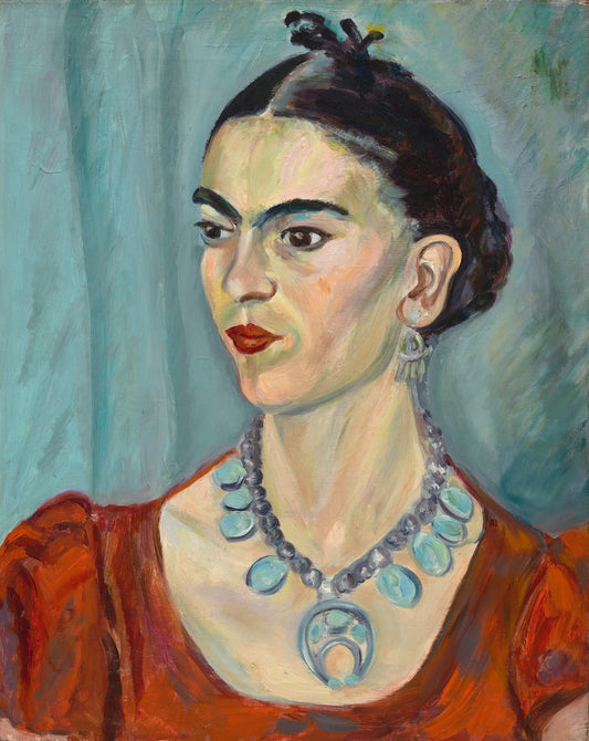 Painting of a woman with a red dress and blue necklace against a light blue background