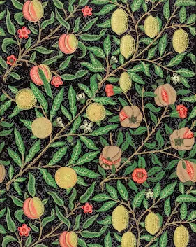 Pattern of fruits and leaves on a black background