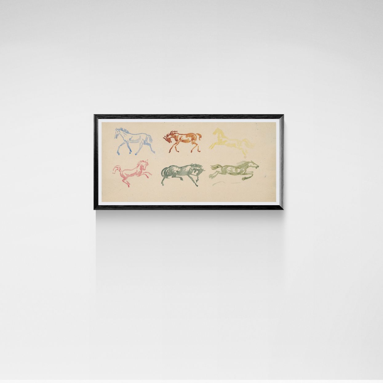 Framed artwork with colorful animal illustrations on a beige background