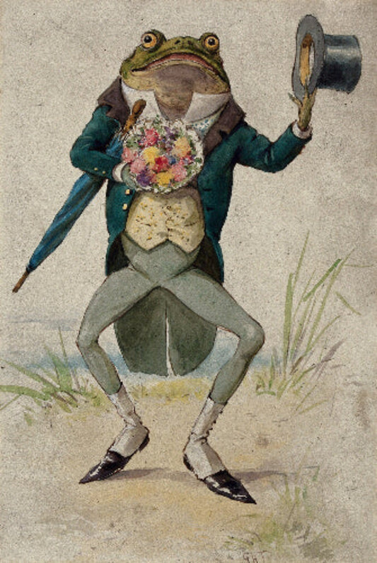 A humorous vintage illustration of a frog dressed as a gentleman in a teal coat and waistcoat, holding a bouquet and doffing a top hat.