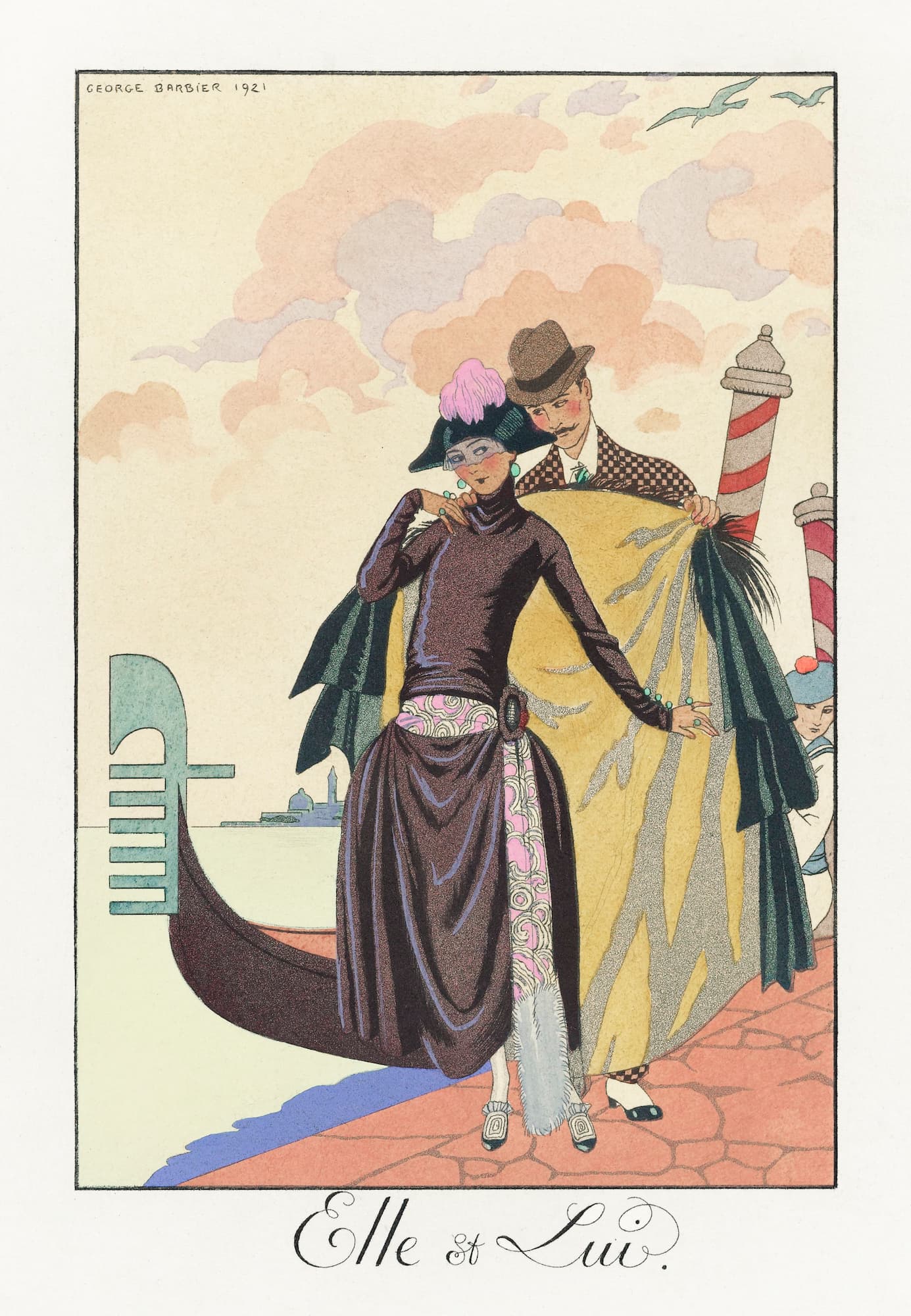 Illustration of two people in vintage clothing with a cityscape background