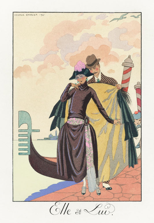 Illustration of two people in vintage clothing with a cityscape background