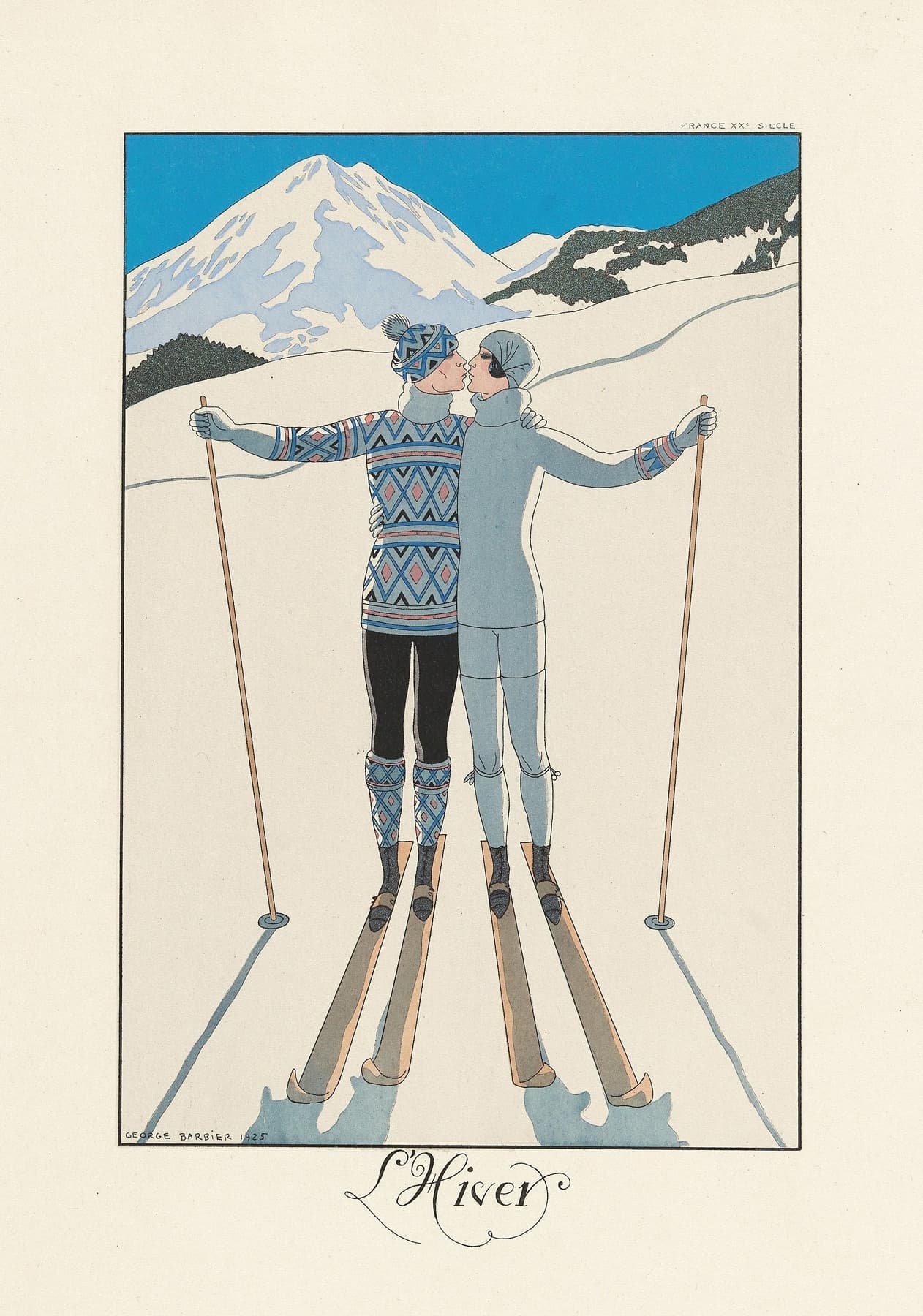 High-quality Giclée reproduction of George Barbier's "L'Hiver" illustration, showing an Art Deco couple on skis in matching patterned sweaters kissing against a snowy mountain background, vintage 1920s fashion art.