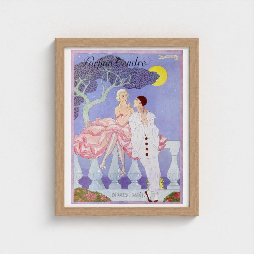 Framed artwork of a couple under a tree with 'Parfum Tendre' text on a purple background.