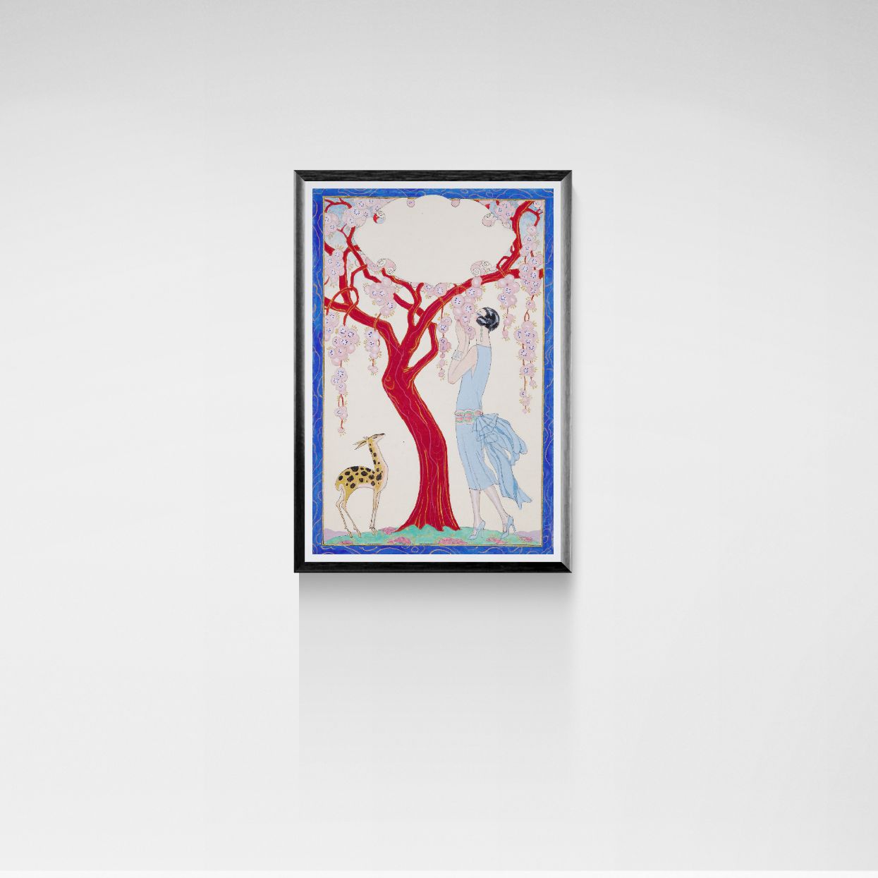 Framed artwork with a red tree and blue dress on a white wall