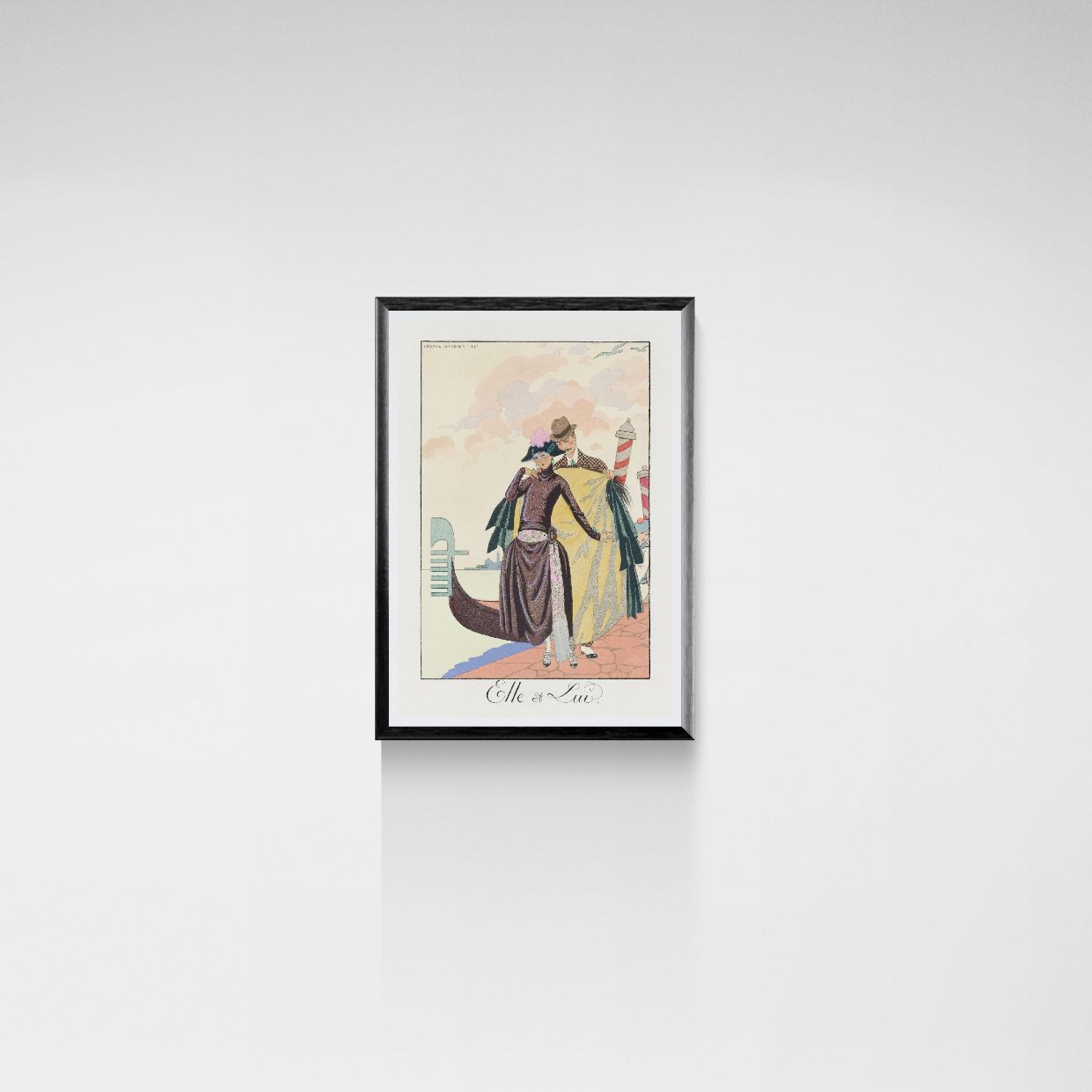 Framed artwork of a woman in a long dress standing next to a gondola on a white wall.