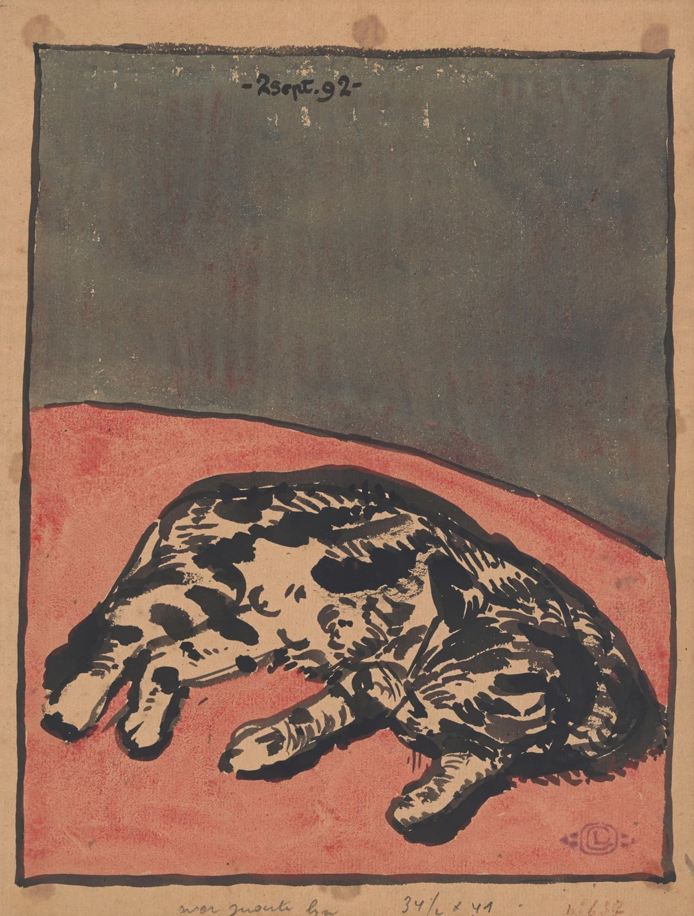 Woodcut print of a cat on a red surface with a gray background