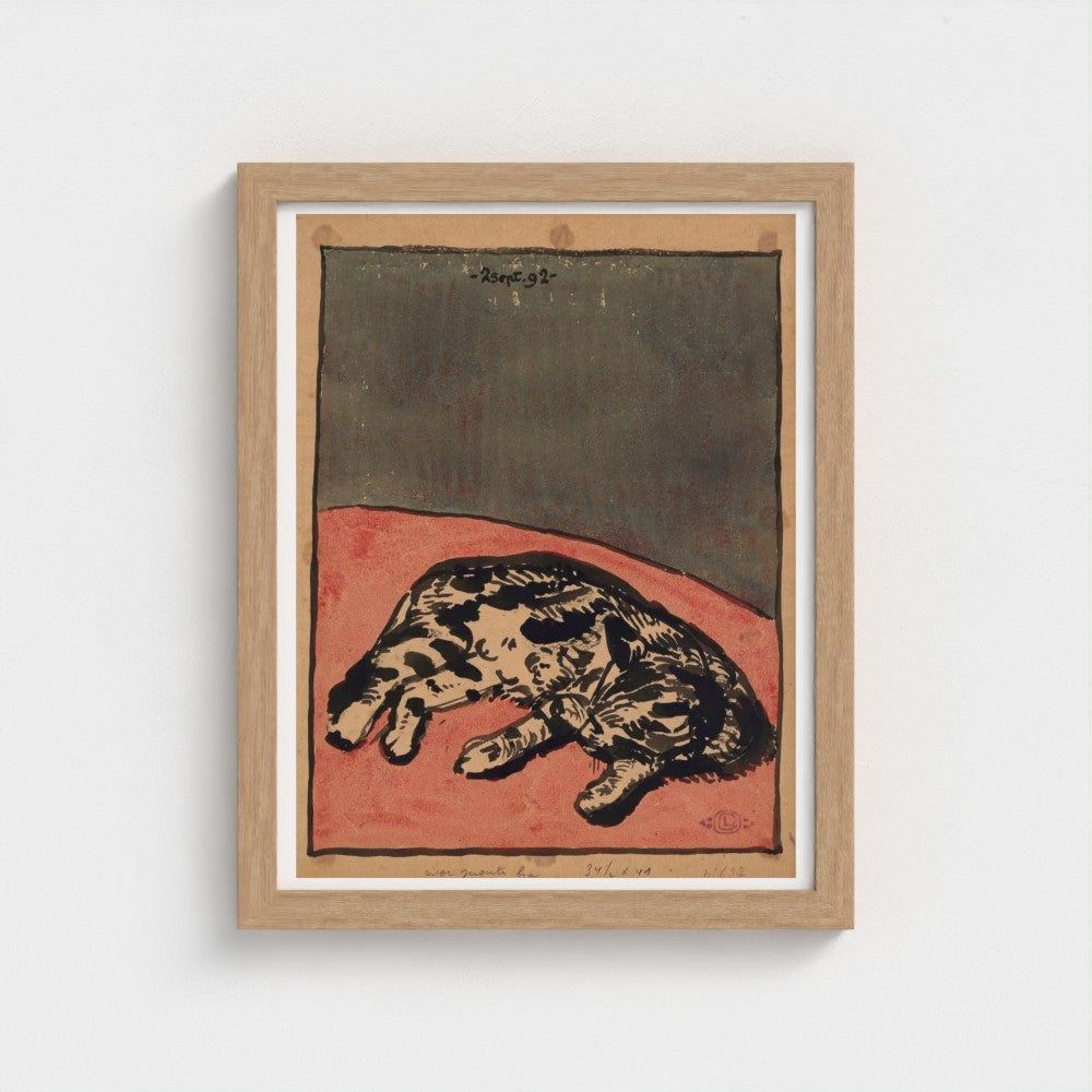 Framed artwork of a cat on a red background with a brown frame.