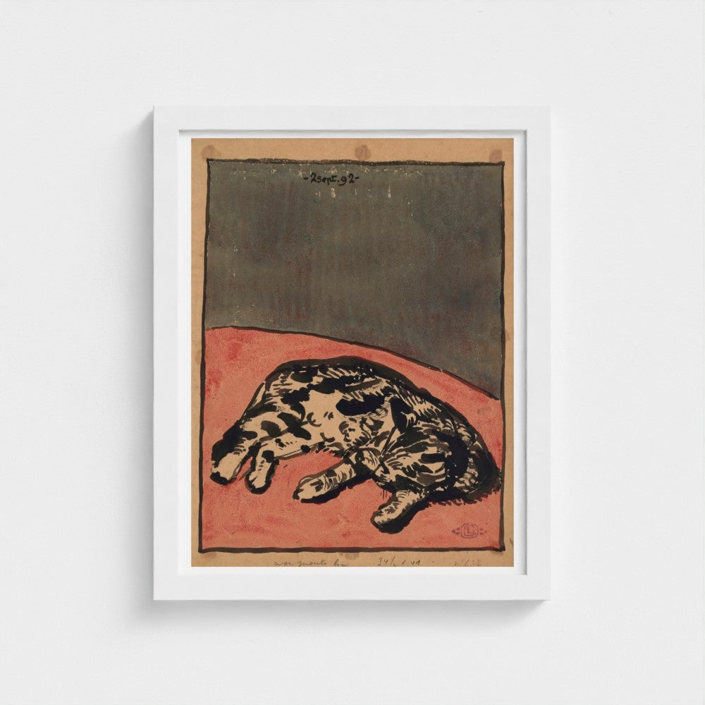 Framed artwork of a cat on a red and green background