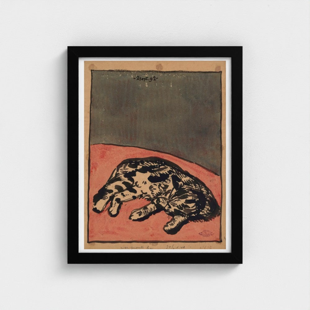 Framed artwork of a cat on a red background with a black frame.
