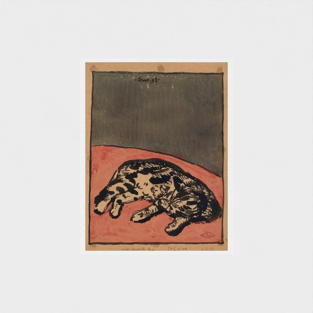 Artistic depiction of a cat on a textured surface with a wooden frame.