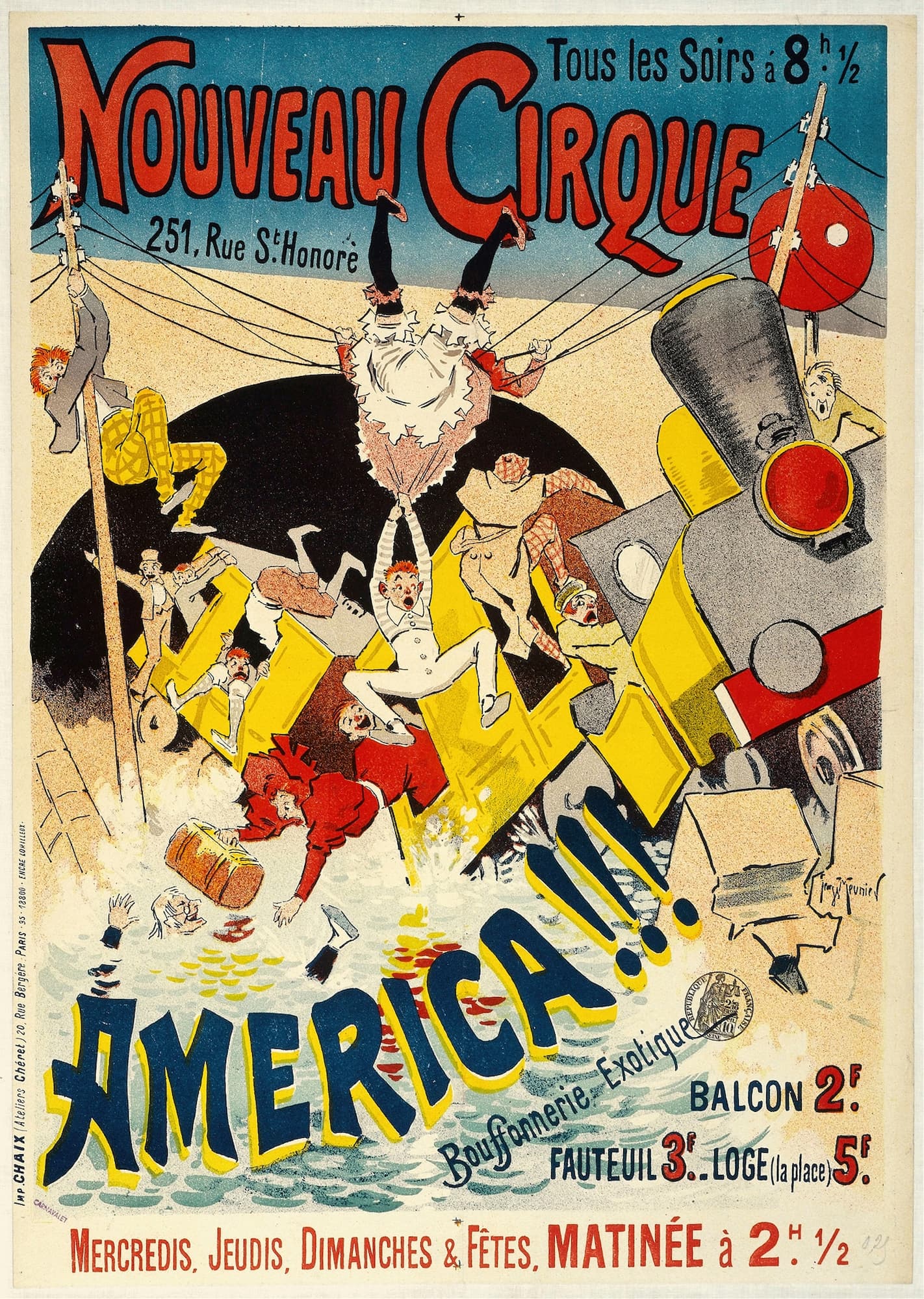Vintage poster for Nouveau Cirque Americain with circus performers and text.