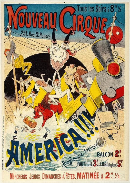 Vintage poster for Nouveau Cirque Americain with circus performers and text.