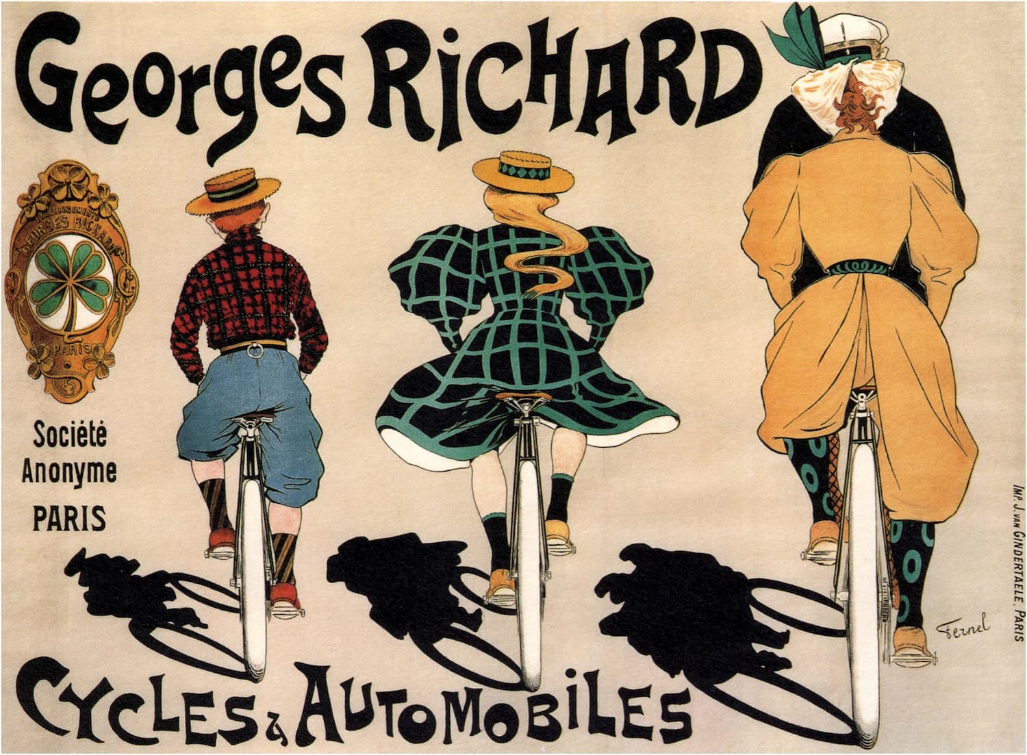 High-quality print of the Georges Richard Bicycles and Automobiles poster, showing three figures from behind riding bicycles in late 19th-century fashion, with the company shamrock logo, Paris 1890s French advertisement.