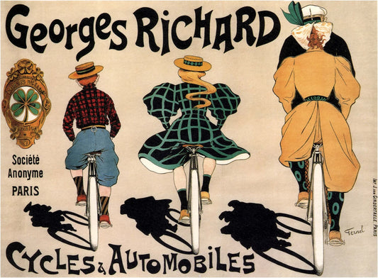 High-quality print of the Georges Richard Bicycles and Automobiles poster, showing three figures from behind riding bicycles in late 19th-century fashion, with the company shamrock logo, Paris 1890s French advertisement.