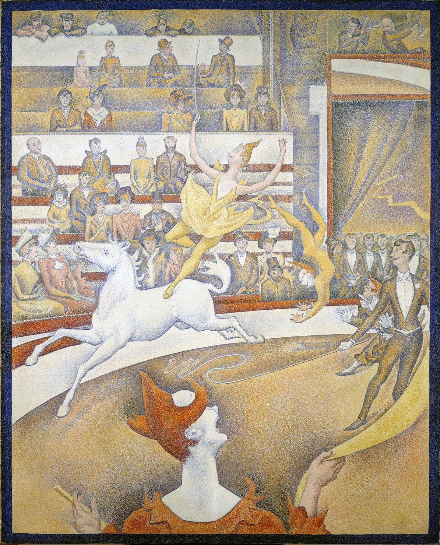 High-quality Giclée reproduction of Georges Seurat's Pointillism painting 'The Circus,' showing a white horse carrying an acrobat in a yellow dress in a circus ring with a clown in the foreground, vintage 1891.