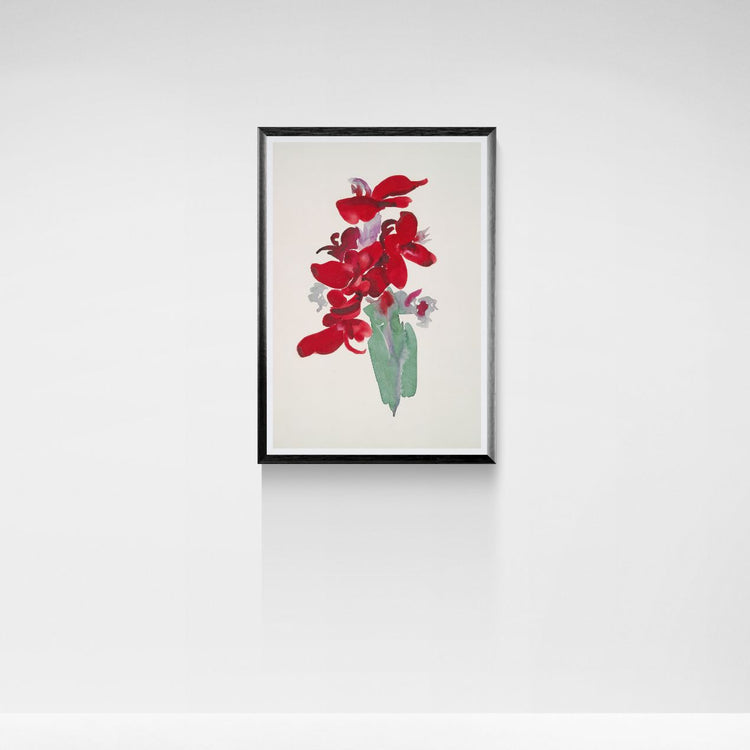 Framed artwork of red flowers on a white background