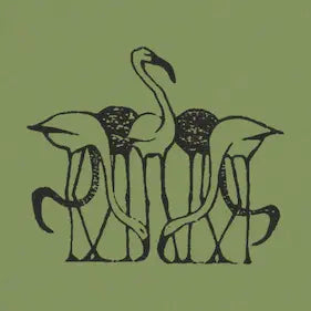 High-quality Giclée reproduction of Gerrit Dijsselhof's Art Nouveau decorative motif featuring an elegant flamingo standing above a stylized, intertwining pattern of heads and necks, set against a solid green background, c. 1895.