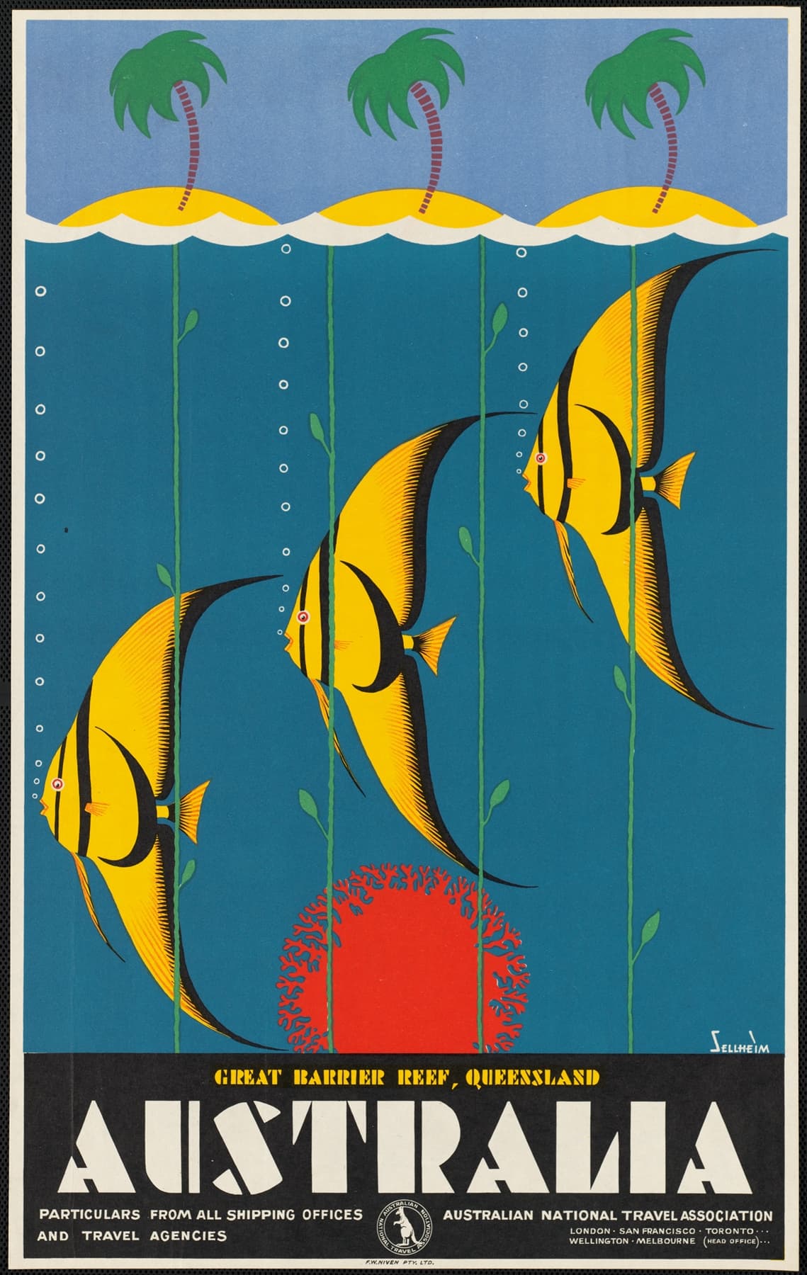 High-quality Giclée reproduction of Gert Sellheim's 1930s Great Barrier Reef travel poster, featuring three yellow and black tropical fish swimming underwater, Australian Modernist style.