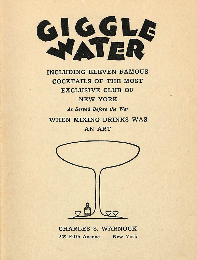 Vintage-style cover art for 'Giggle Water' featuring bold black text on a warm beige background, with a simple line drawing of a martini glass and small cocktail glasses and bottle near the bottom.