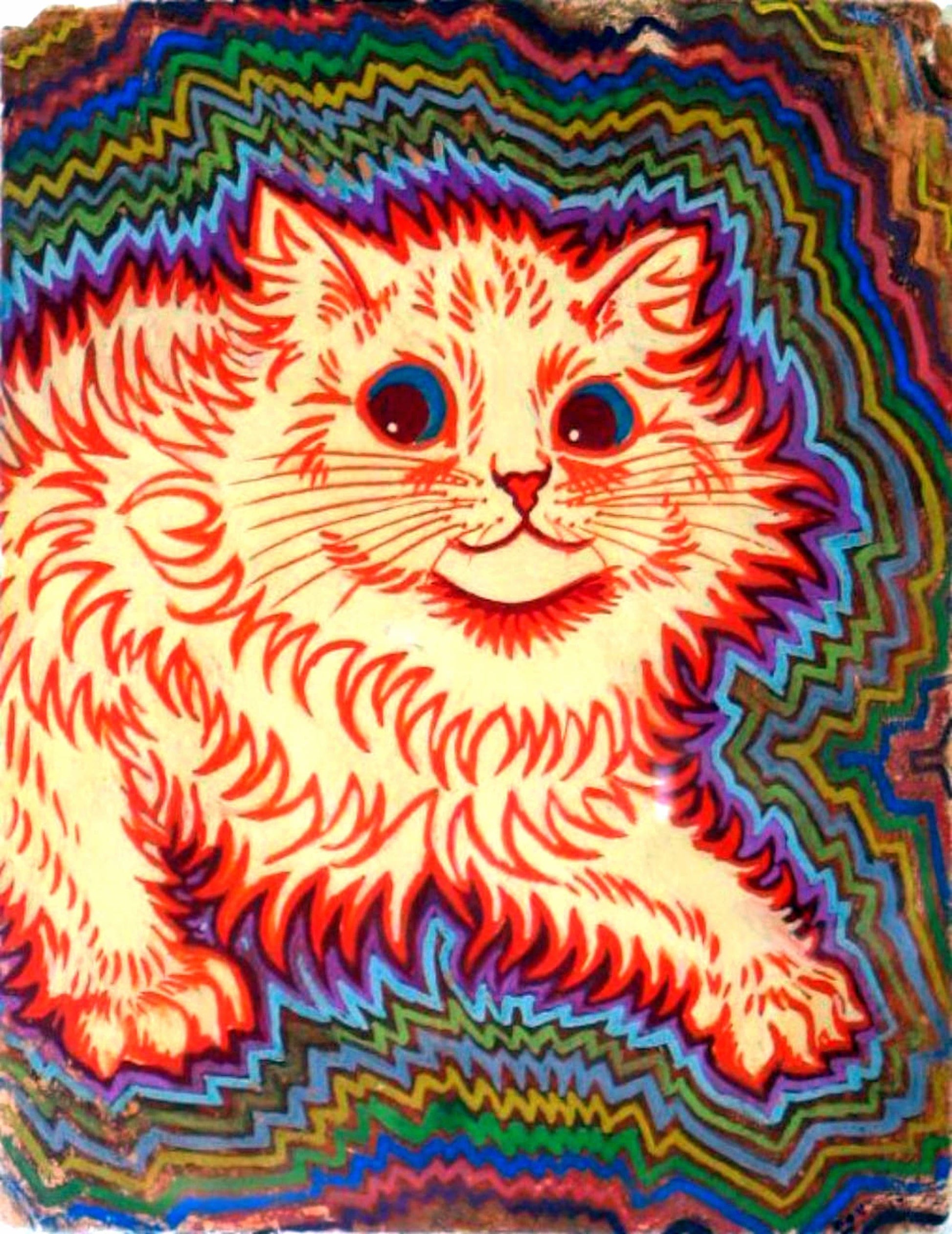 Colorful psychedelic-style illustration of a cat with wavy patterns.