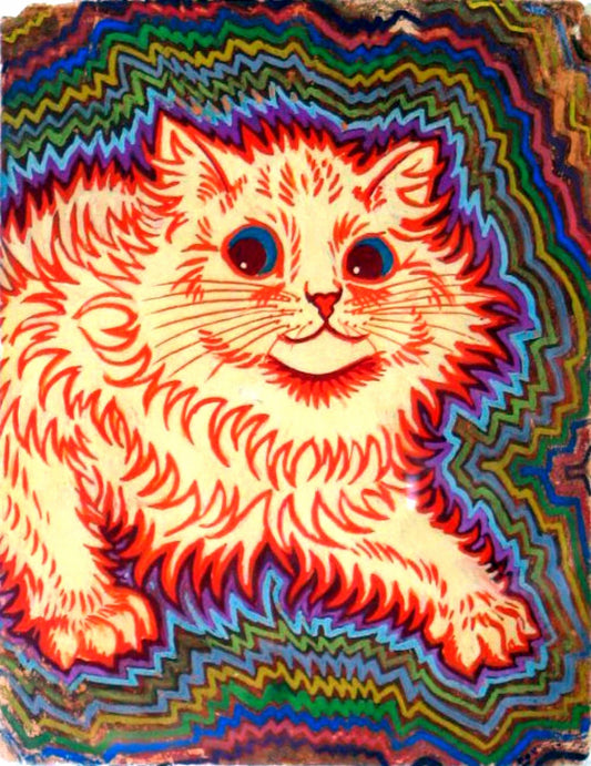 Colorful psychedelic-style illustration of a cat with wavy patterns.