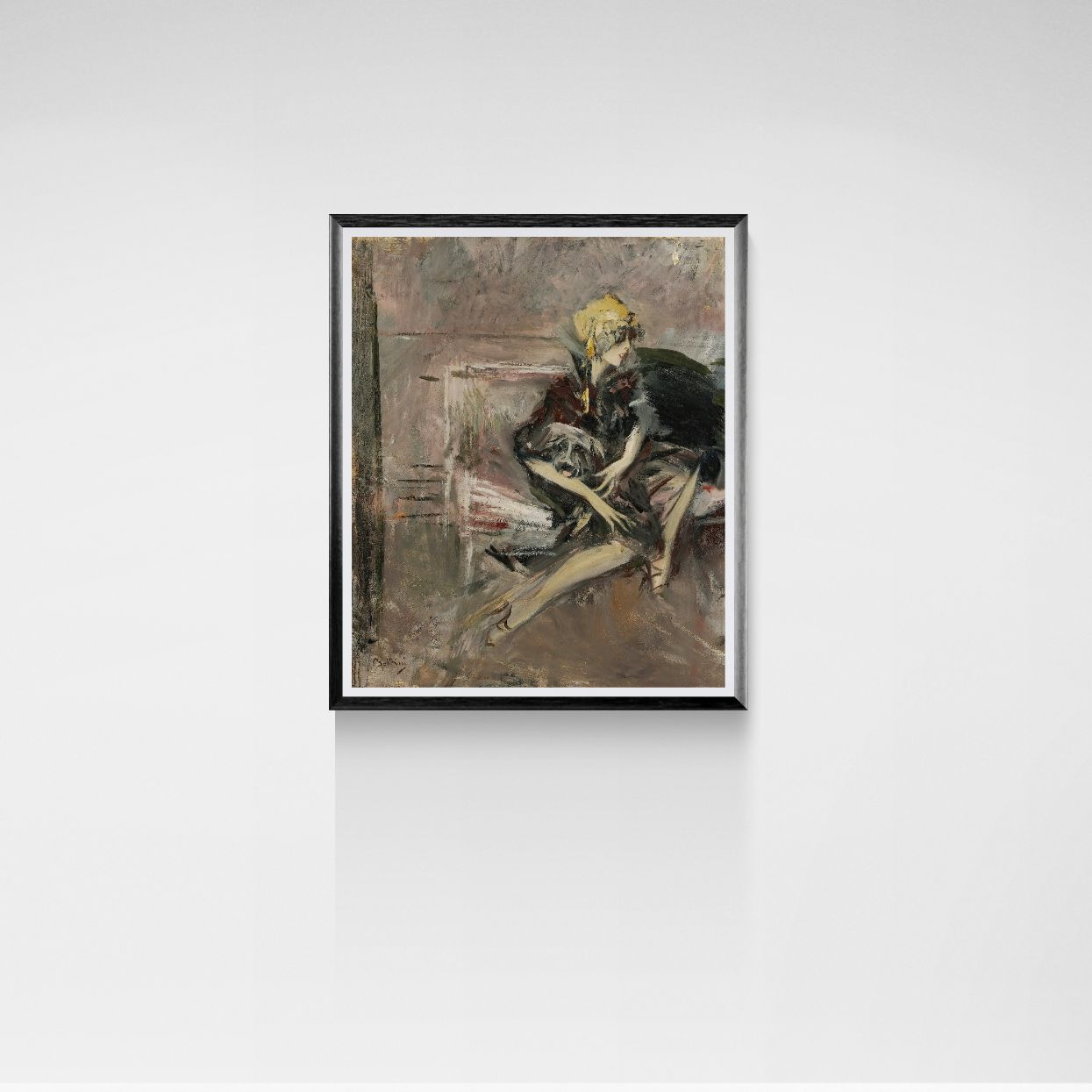 Framed painting of a woman sitting on a chair against a white wall