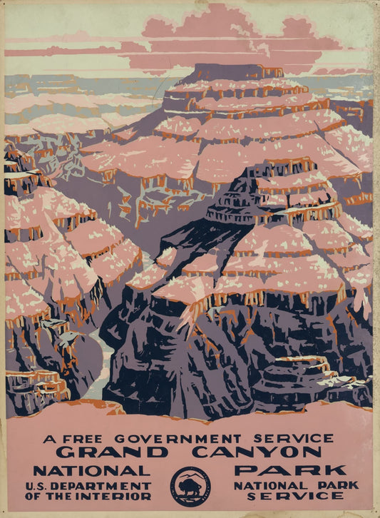 High quality Giclée reproduction of C. Don Powell's 1938 WPA Grand Canyon National Park poster, stylized Art Deco landscape.