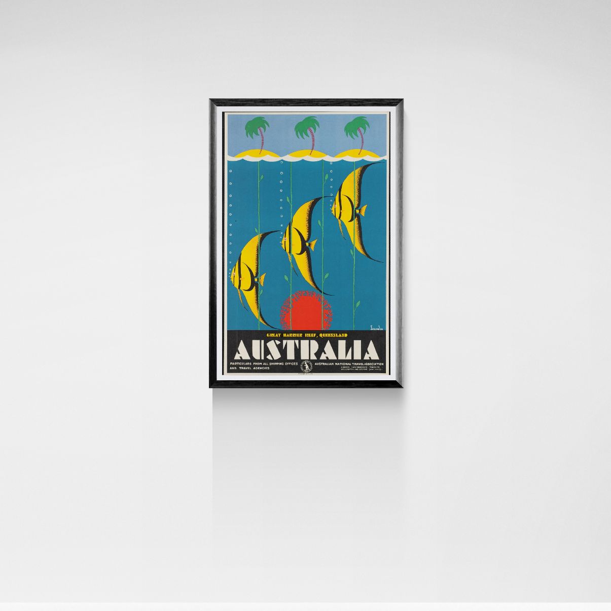 Framed poster of Australia with fish and palm trees on a blue background