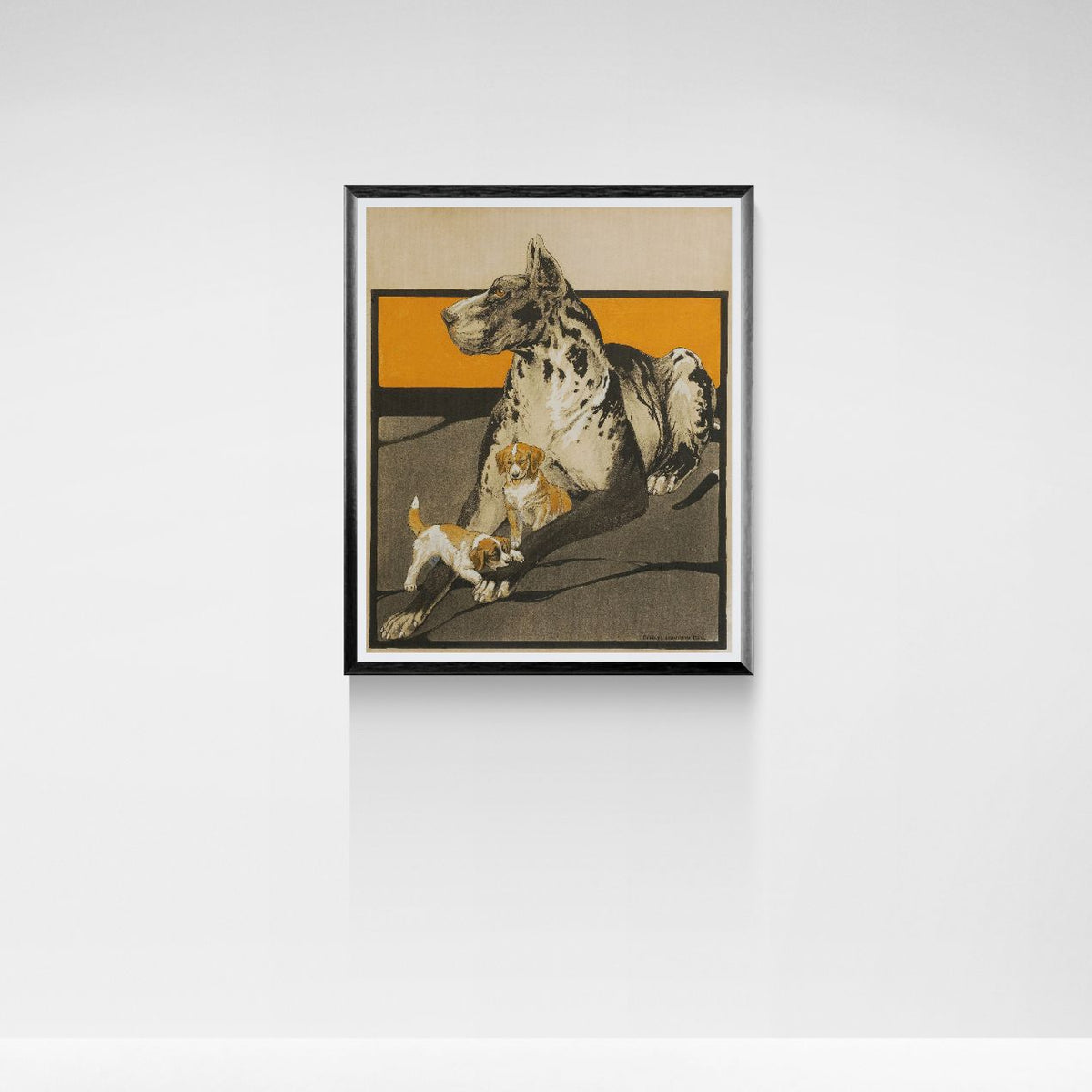 Framed artwork of a great dane dog and two puppies on a yellow background