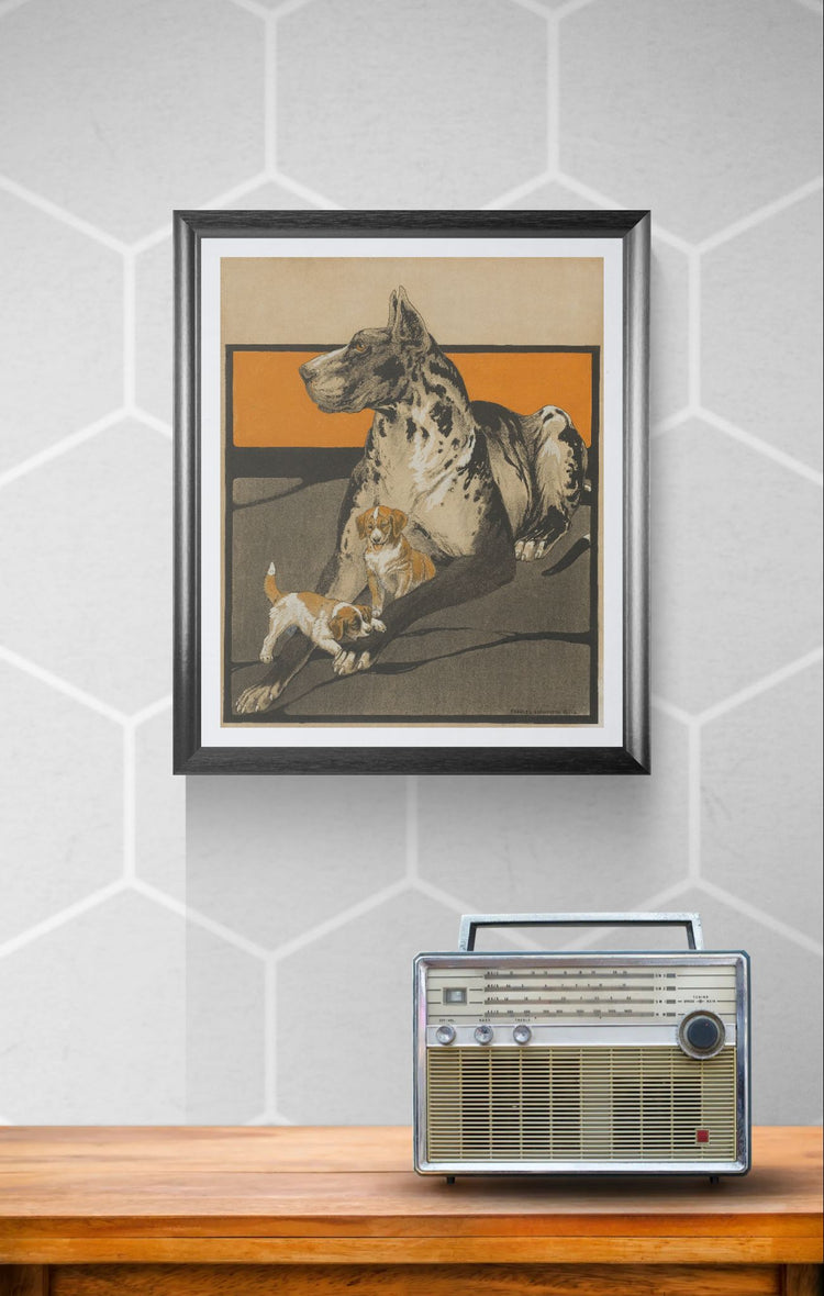 Framed artwork of a Great Dane dog and puppies on a wall above a wooden surface with a vintage radio.