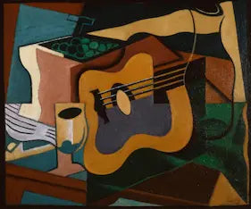 Cubist painting of a guitar and other objects on a table